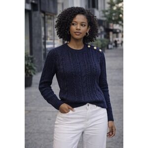 Lauren Ralph Lauren Women's Navy Blue Cable Knit Sweater Gold Button Detail XL